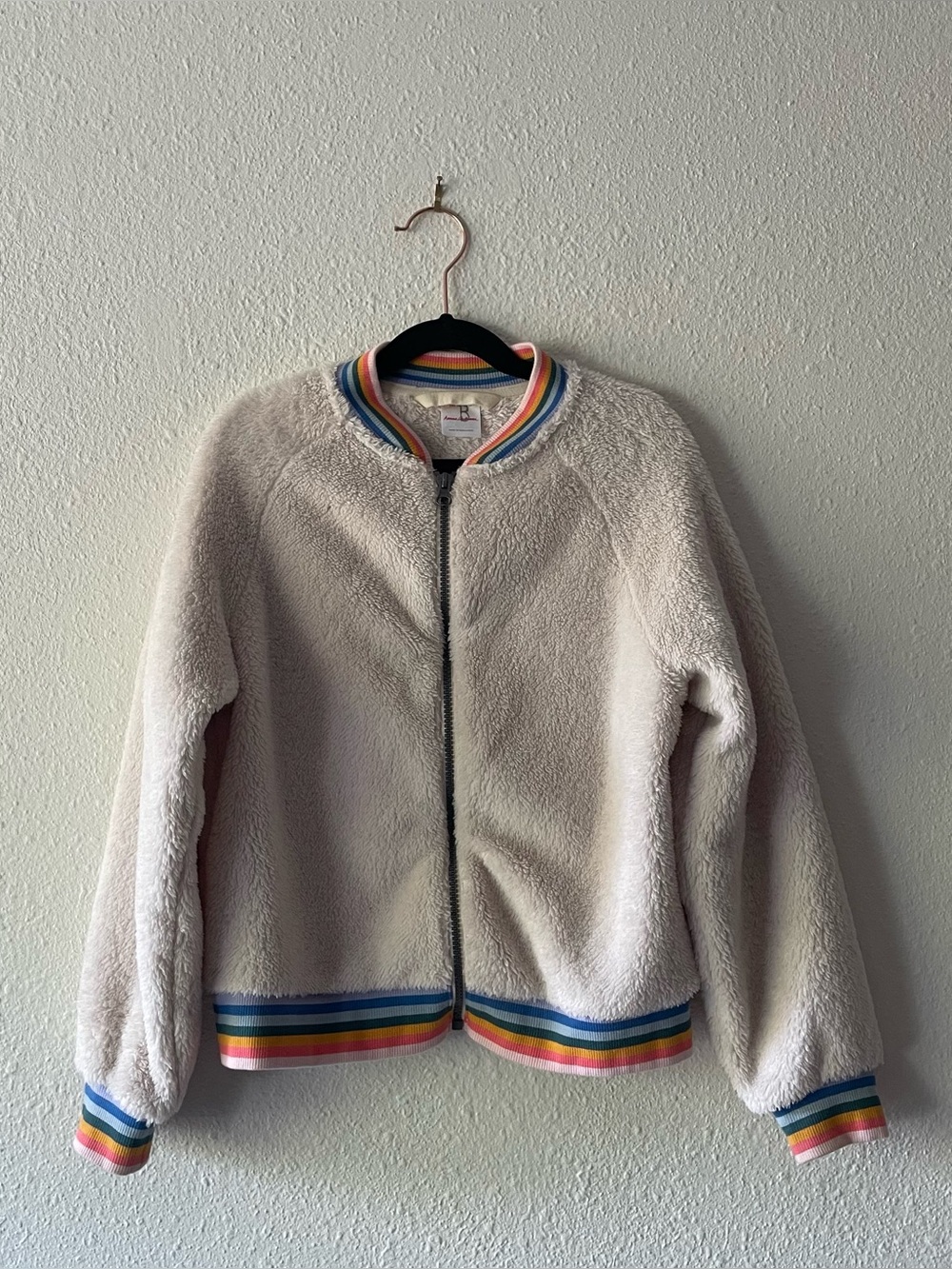 Hanna Andersson Girls 10 140 Sherpa Fleece Jacket Rainbow Stripe Bomber Ivory